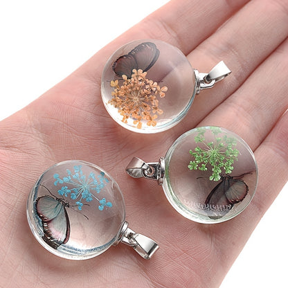 3pcs Clear Round Glass Dried Flower Pendant - Perfect for Butterfly Flower Necklace Making!