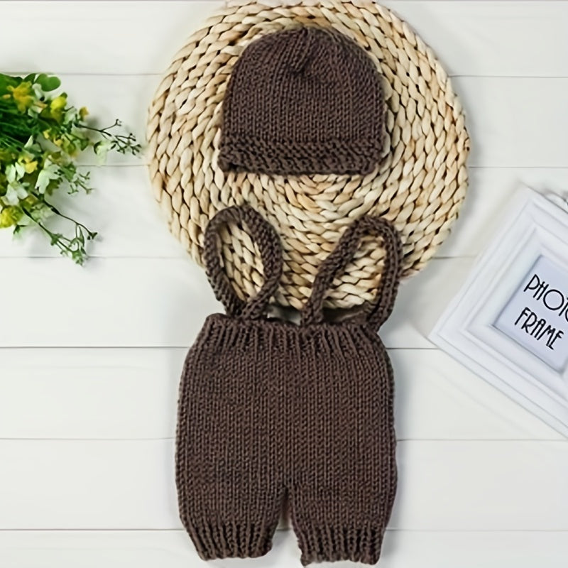 Adorable Newborn Baby Boy Crochet Photo Prop Set - Buttoned Hat, Pants, and Overalls for Memorable Photography Sessions