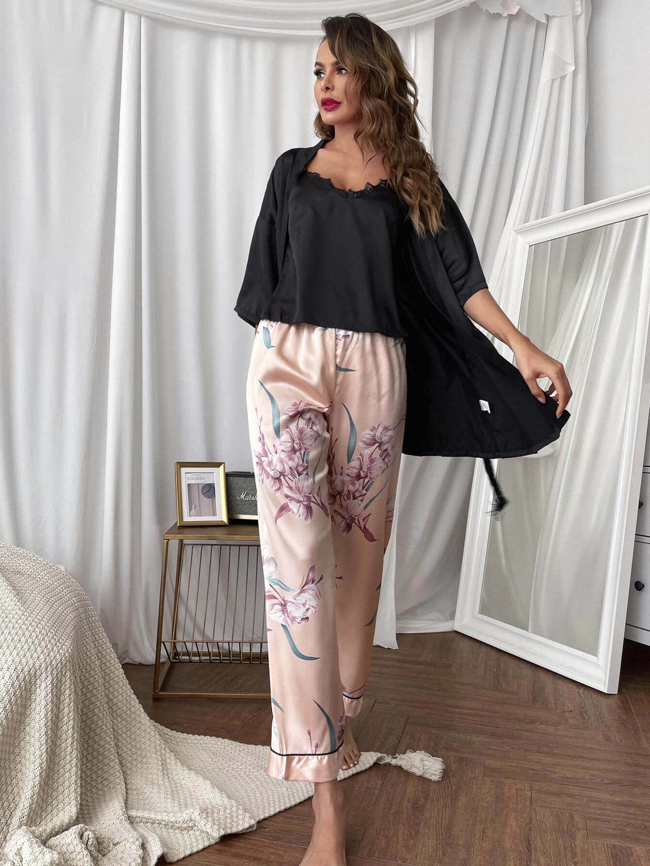 Cami, Robe, and Printed Pants Pajama Set