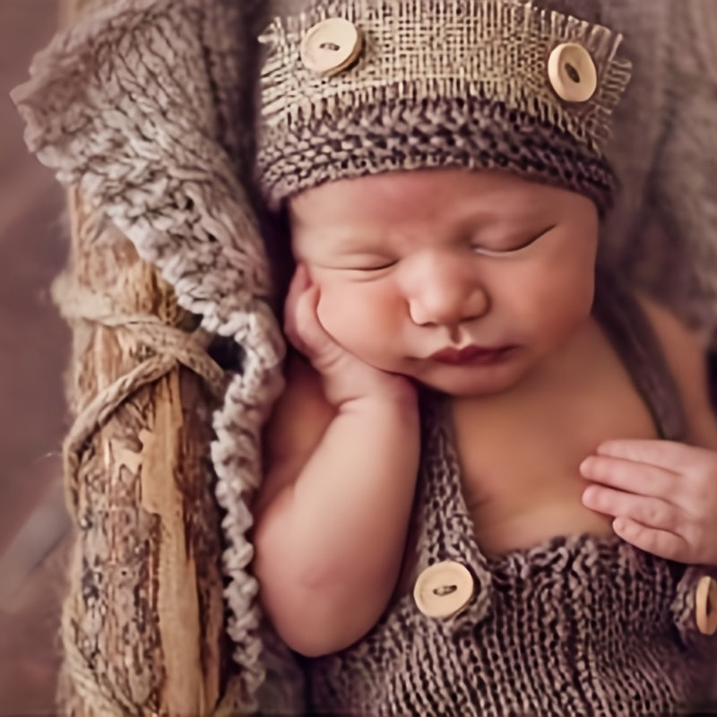 Adorable Newborn Baby Boy Crochet Photo Prop Set - Buttoned Hat, Pants, and Overalls for Memorable Photography Sessions