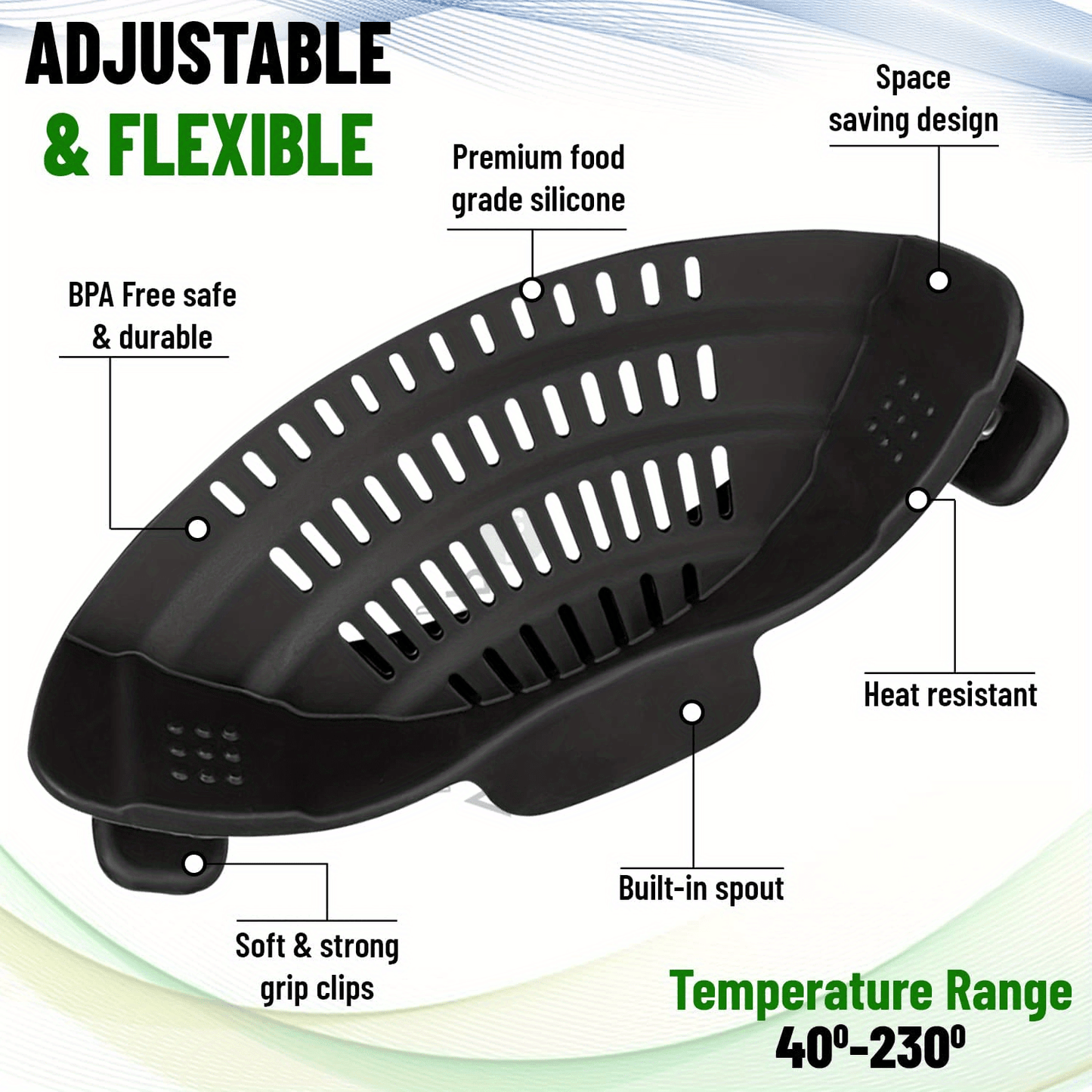 Passoire à casseroles et passoire à pâtes en Silicone, passoire réglable à Clip en Silicone pour casseroles, poêles et bols, Gadgets de cuisine, 1 pièce 