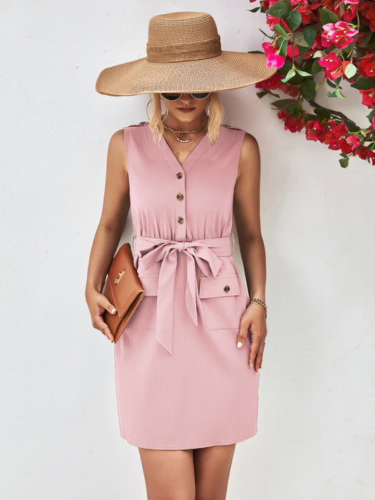 Buttoned V-Neck Belted Sleeveless Dress