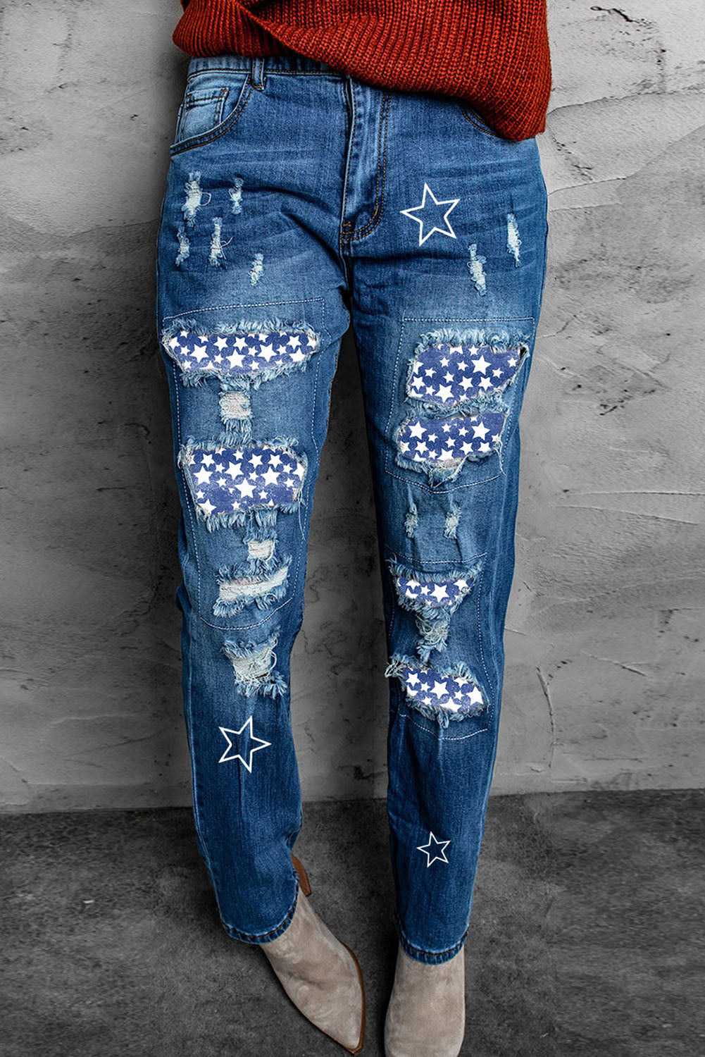 Baeful Printed Patch Distressed Boyfriend Jeans