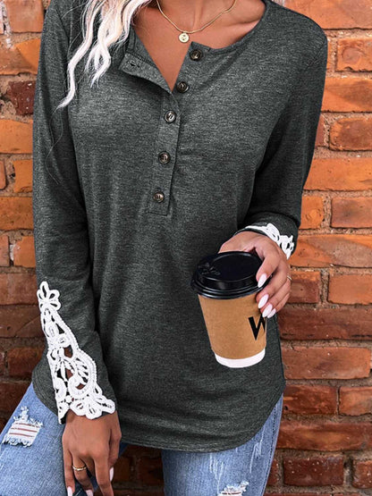 Spliced Lace Half Button Long Sleeve T-Shirt