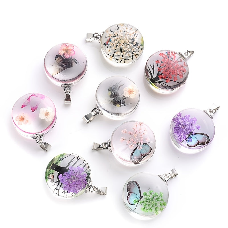 3pcs Clear Round Glass Dried Flower Pendant - Perfect for Butterfly Flower Necklace Making!