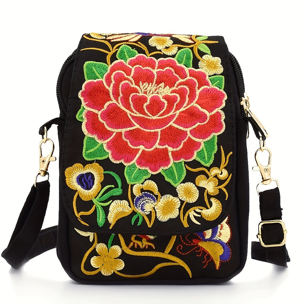 Stylish Women's Embroidered Crossbody Phone Bag with Zipper - Small Canvas Shoulder Bag for Everyday Use