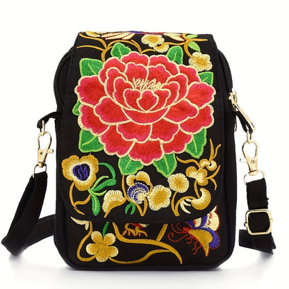 Stylish Women's Embroidered Crossbody Phone Bag with Zipper - Small Canvas Shoulder Bag for Everyday Use