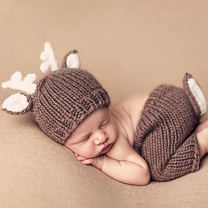 Chapeaux de cerf avec short, tricotés à la main, accessoires de photographie pour nouveau-né, cadeaux de douche, 2 pièces 