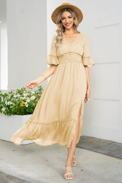 V-Neck Flounce Sleeve Smocked Waist High Slit Dress