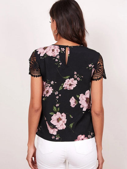 Floral Cutout Round Neck Blouse