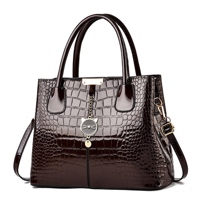 Stylish Crocodile Embossed Handbag - PU Leather Patent Shoulder Bag with Metal Decor and Double Handle for Women