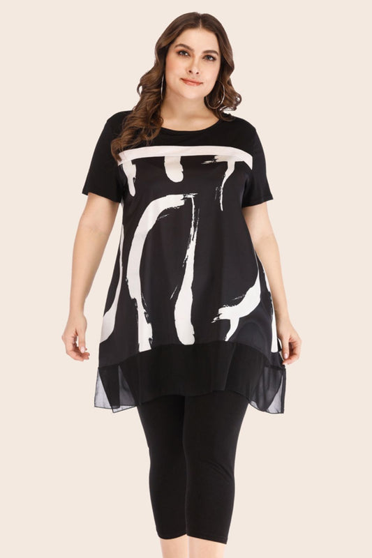 Plus Size Contrast Spliced Mesh T-Shirt and Cropped Leggings Set