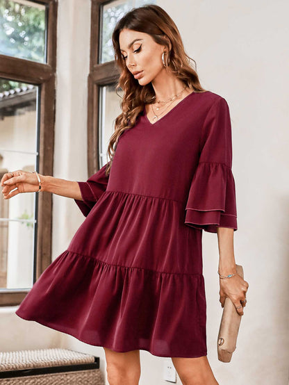 V-Neck Three-Quarter Flounce Sleeve Tiered Dress