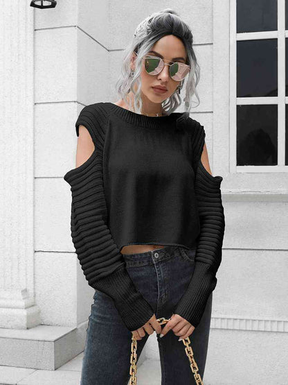 Cold-Shoulder Ribbed Trim Sweater