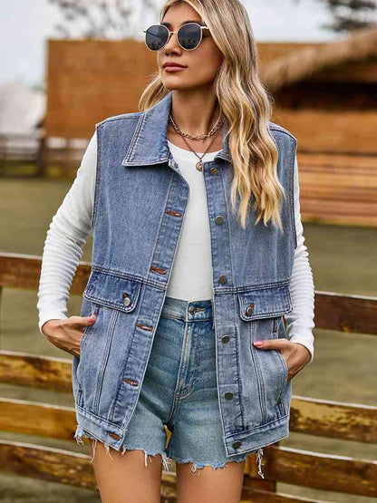 Sleeveless Denim Jacket with Pockets