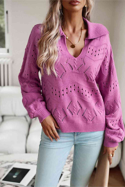 Openwork Long Sleeve Notched Neck Sweater