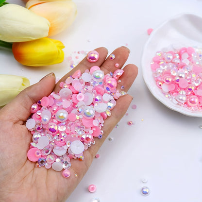 3800pcs 30g Mixed Flat Back Pearls and Rhinestones for Crafts and Nail Art - 3mm-10mm Sizes in Blue, Pink, and White - Perfect for Eye Makeup and Jewelry Design