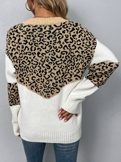 Leopard V-Neck Dropped Shoulder Sweater