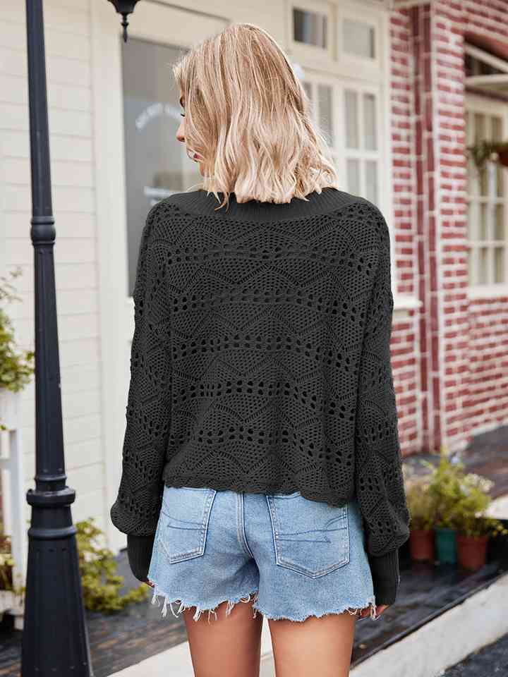 V-Neck Openwork Long Sleeve Sweater