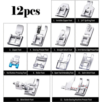 Ensemble de 12 pieds-de-biche pour machine à coudre – Pied-de-biche multifonctionnel pour machines à coudre à tige basse – Compatible avec Singer, Brother, Babylock, Euro-Pro, Janome, Kenmore, White, Juki, New Home, Simplicity 