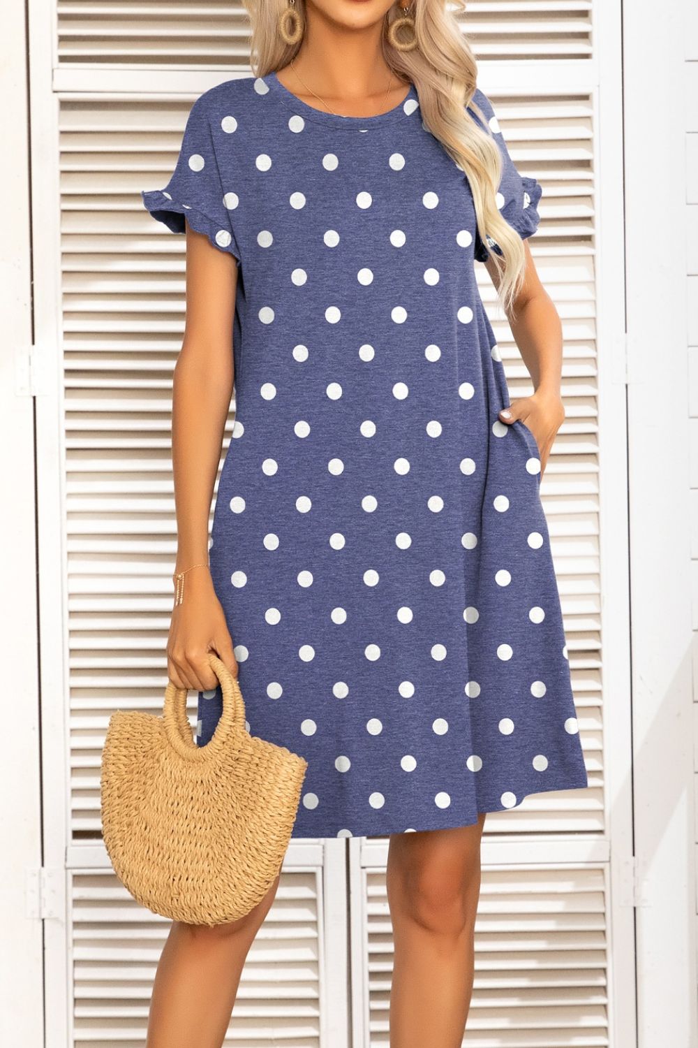 Flounce Sleeve Round Neck Dress with Pockets