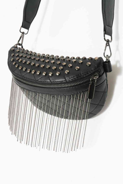 Adored PU Leather Studded Sling Bag with Fringes