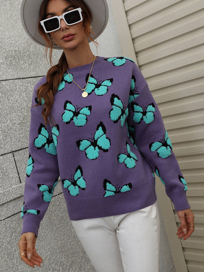 Butterfly Dropped Shoulder Crewneck Sweater