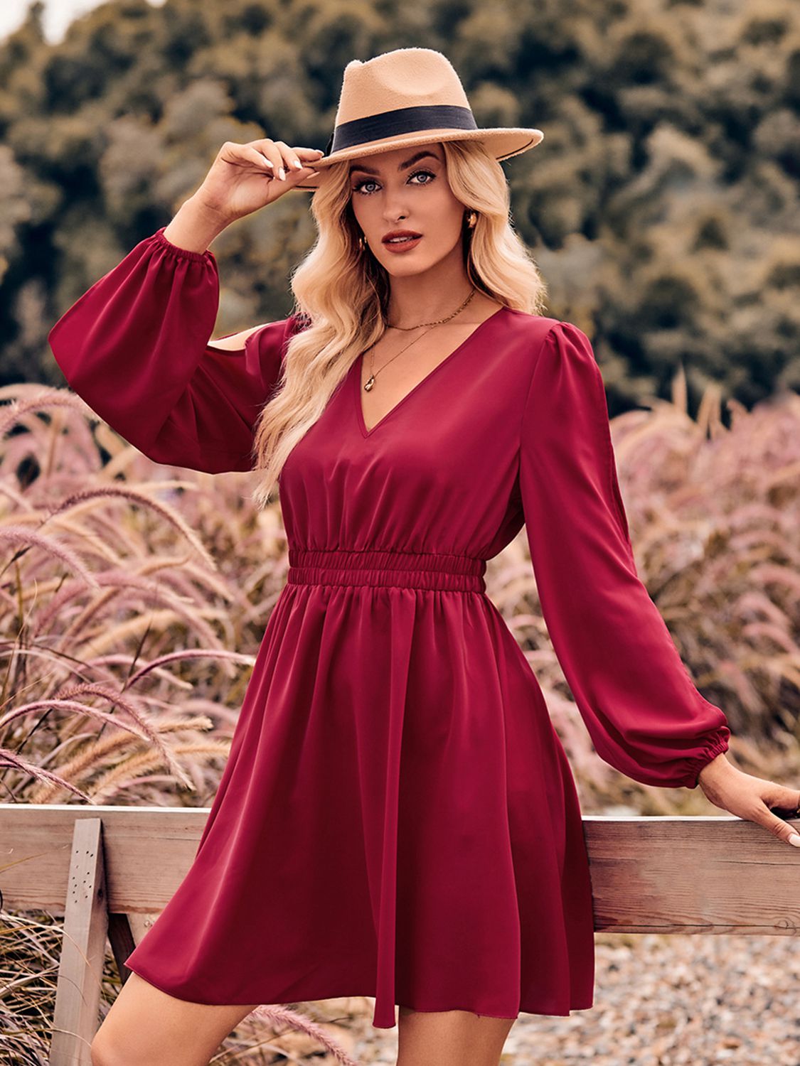 V-Neck Split Sleeve Mini Dress