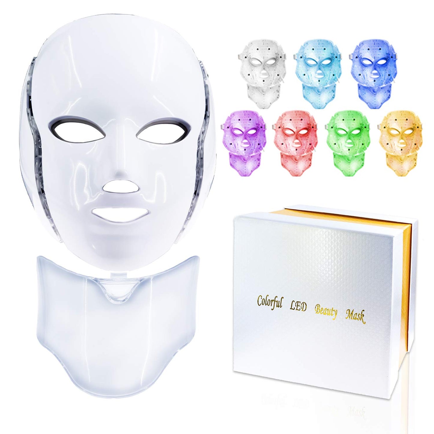 Masque facial LED 7 couleurs avec lumière du cou – Rajeunissement de la peau, traitement de l'acné et lifting du visage – Masseur ferme pour une peau jeune et éclatante 