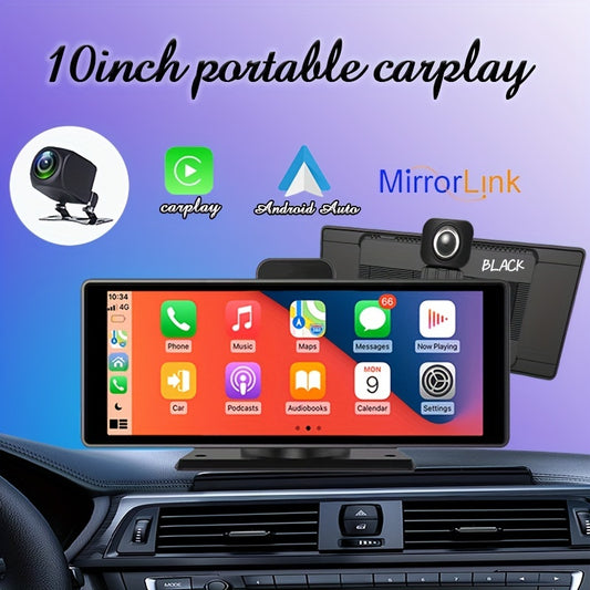 10 Inch Touch Screen Car Portable Wireless Carplay Display, Airplay Android Auto Built-in DVR Factory Comes With Camera 2k+1080p BT Mirror Link