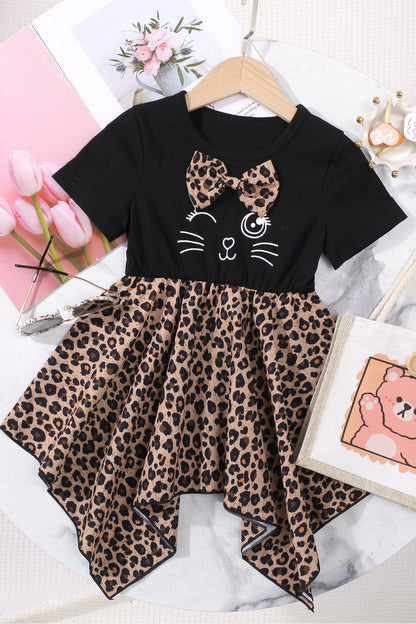 Vestido de niñas con estampado de leopardo y dobladillo tipo pañuelo