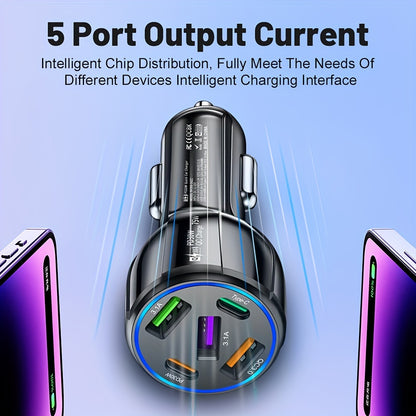 75W 5-Port Car Charger: Fast Charging PD Charger QC3.0 for Type-C Phones & Devices - In-Car Power Adapter