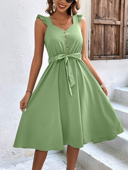 Decorative Button Tie Waist A-Line Dress