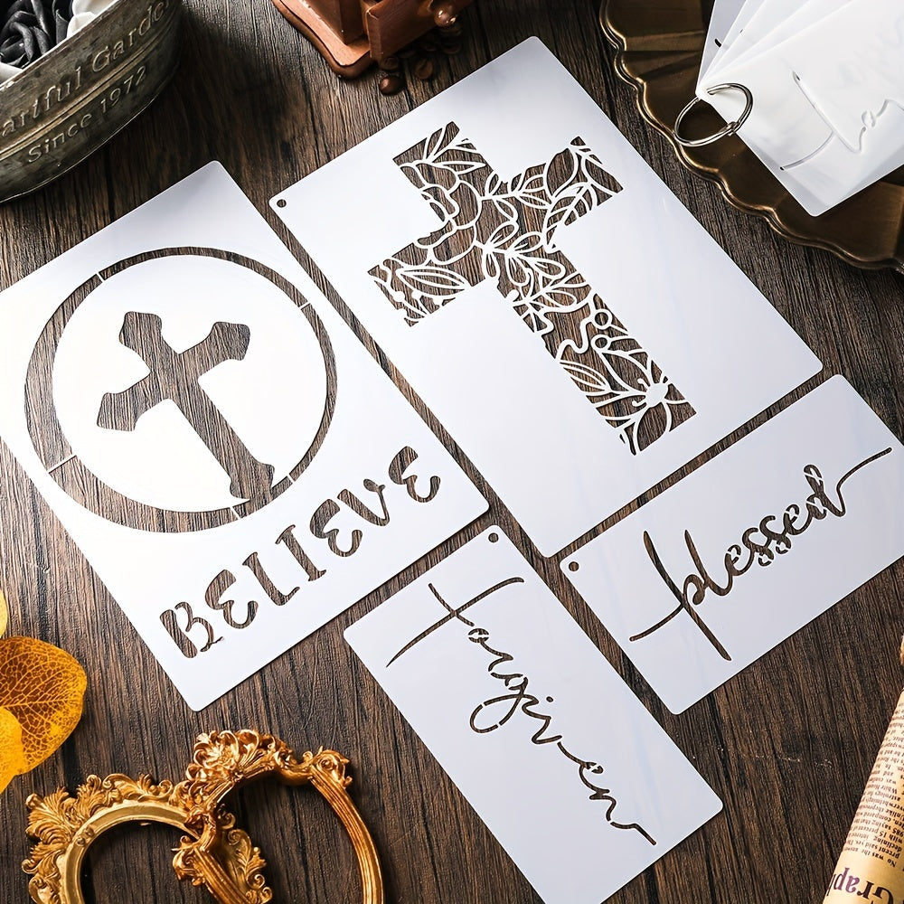 9pcs Christian Cross Painting Stencils Set - Forgiveness, Believe in Jesus, Reusable Stencils for Wall Decor, Wood, Canvas & More