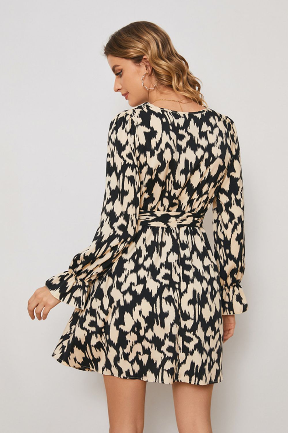 Animal Print Surplice Neck Long Flounce Sleeve Dress