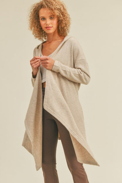 Kimberly C Full Size Waffle Knit Hooded Cardigan in Sand