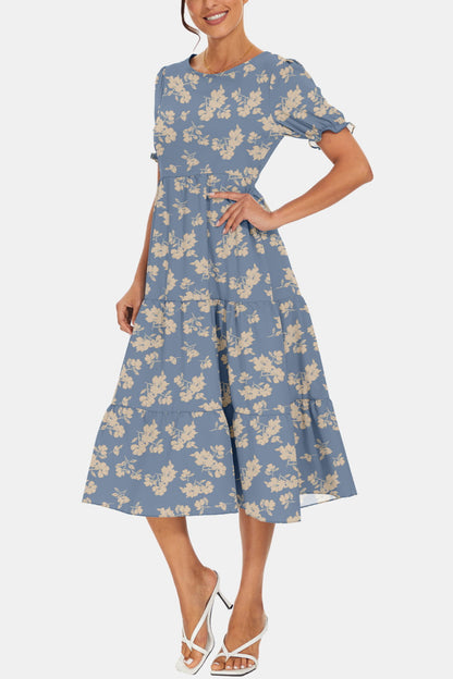 Round Neck Flounce Sleeve Midi Dress