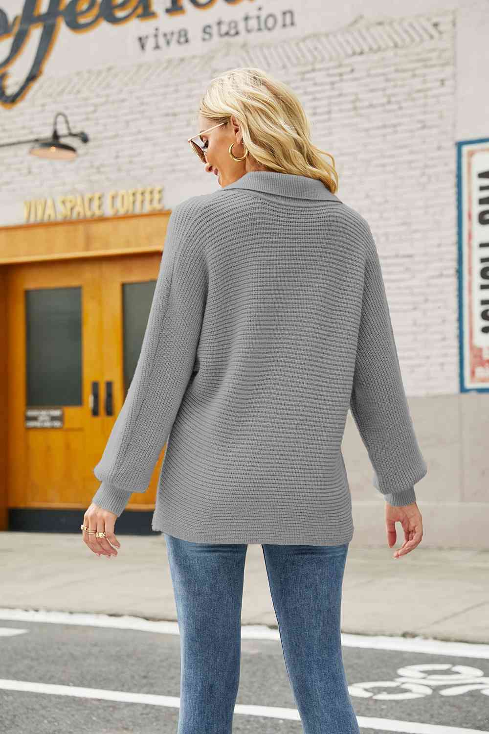 Double Take Horizontal Ribbing Johnny Collar Sweater