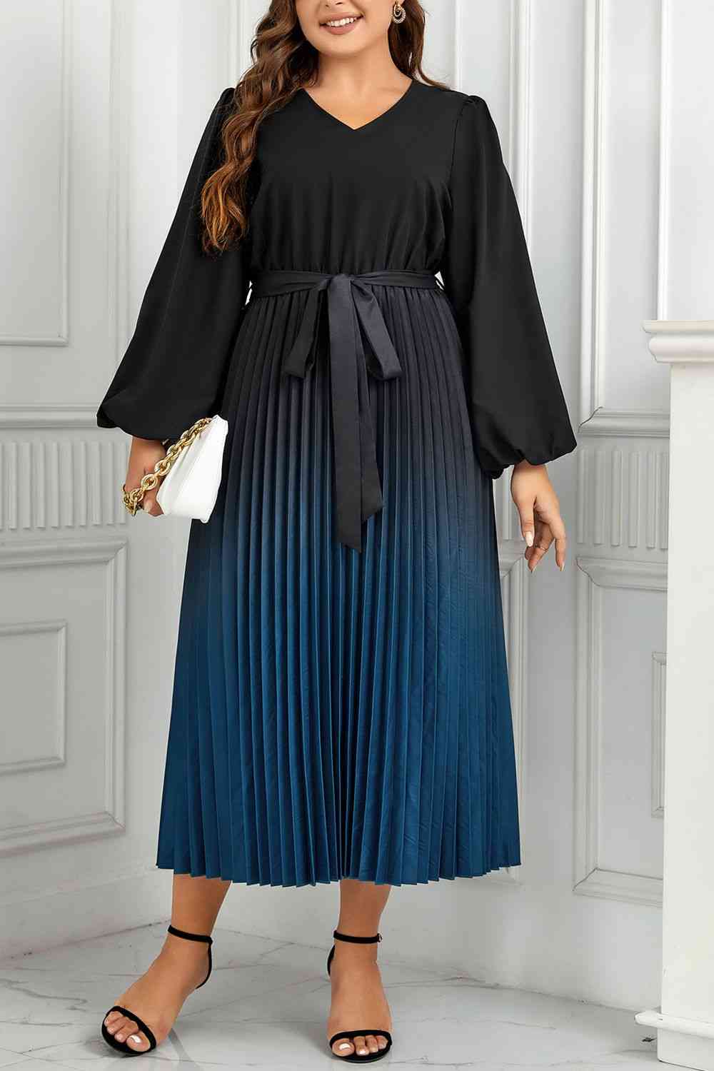 Robe Midi Plissée à Col en V et Manches Longues à Nouer à la Taille de Grande Taille