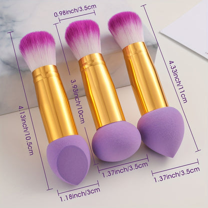 3pcs Foundation Blending Face Brushes With Two Heads Professional Soft Makeup Sponge Fluffy Blusher Brush For Women Beauty, Purple