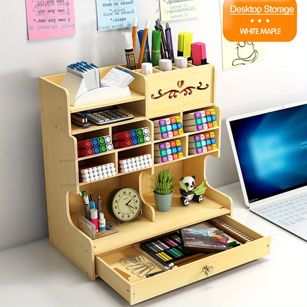 1pc DIY Manual Assembly Wooden Desk Organizer, Multi-Functional DIY Pen Holder, Pen Organizer For Desk, Desktop Stationary, Easy Assembly, Home Office Art Supplies Organizer Storage With Drawer