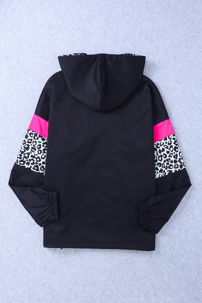 Leopard Color Block Zip-Up Hooded Jacket