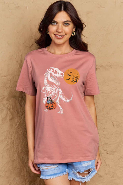 Simply Love T-shirt en coton avec motif squelette de dinosaure pleine taille