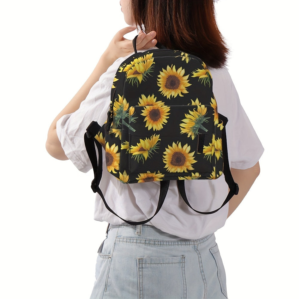 Sac à dos élégant avec fermeture éclair et imprimé tournesol – Parfait pour l'école et un usage quotidien. 