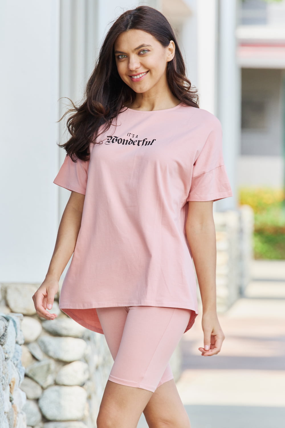 GeeGee My Go-To Full Size T-Shirt and Biker Shorts Lounge Set in Blush