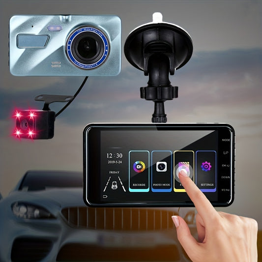 1080p Dual Camera Dash Cam with Waterproof Reverse Camera, 64GB Micro SD Card, 4 Inch Touch Screen, Night Vision, Motion Detection, Parking Surveillance, Loop Recording