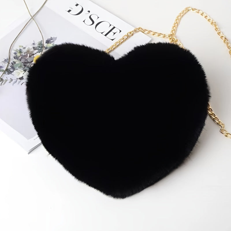 Valentine's Day Perfect: Heart-Shaped Fluffy Shoulder Bag with Chain Crossbody & Cute Zipper Purse