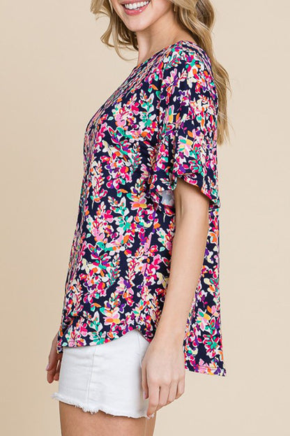 Printed Boat Neck Curved Hem Top