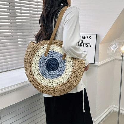 Woven Straw Round Handbags, Hollow Out Summer Beach Bag, Women's Large Capacity Shoulder Bag