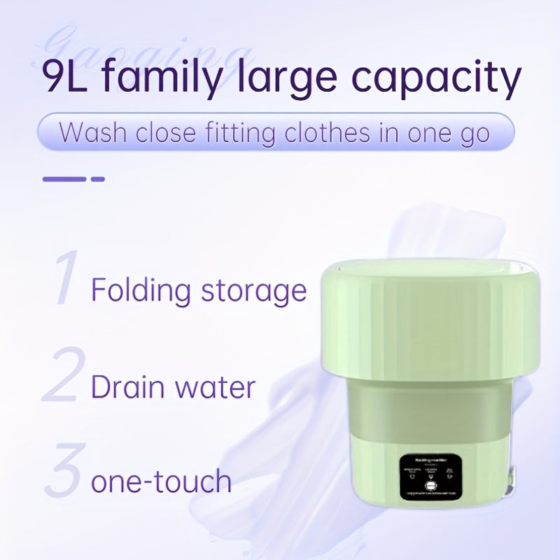 9L Foldable Mini Washing Machine - A Fully Automatic Portable Small Washer for Underwear, Socks, Baby & Toddler Clothes - 9L Large Capacity!